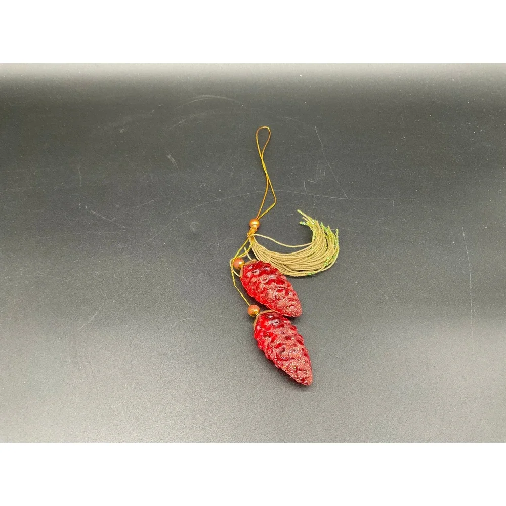 Vintage MCM Red Glitter‎ Pinecone Christmas Ornament with Tassel Gold Japan